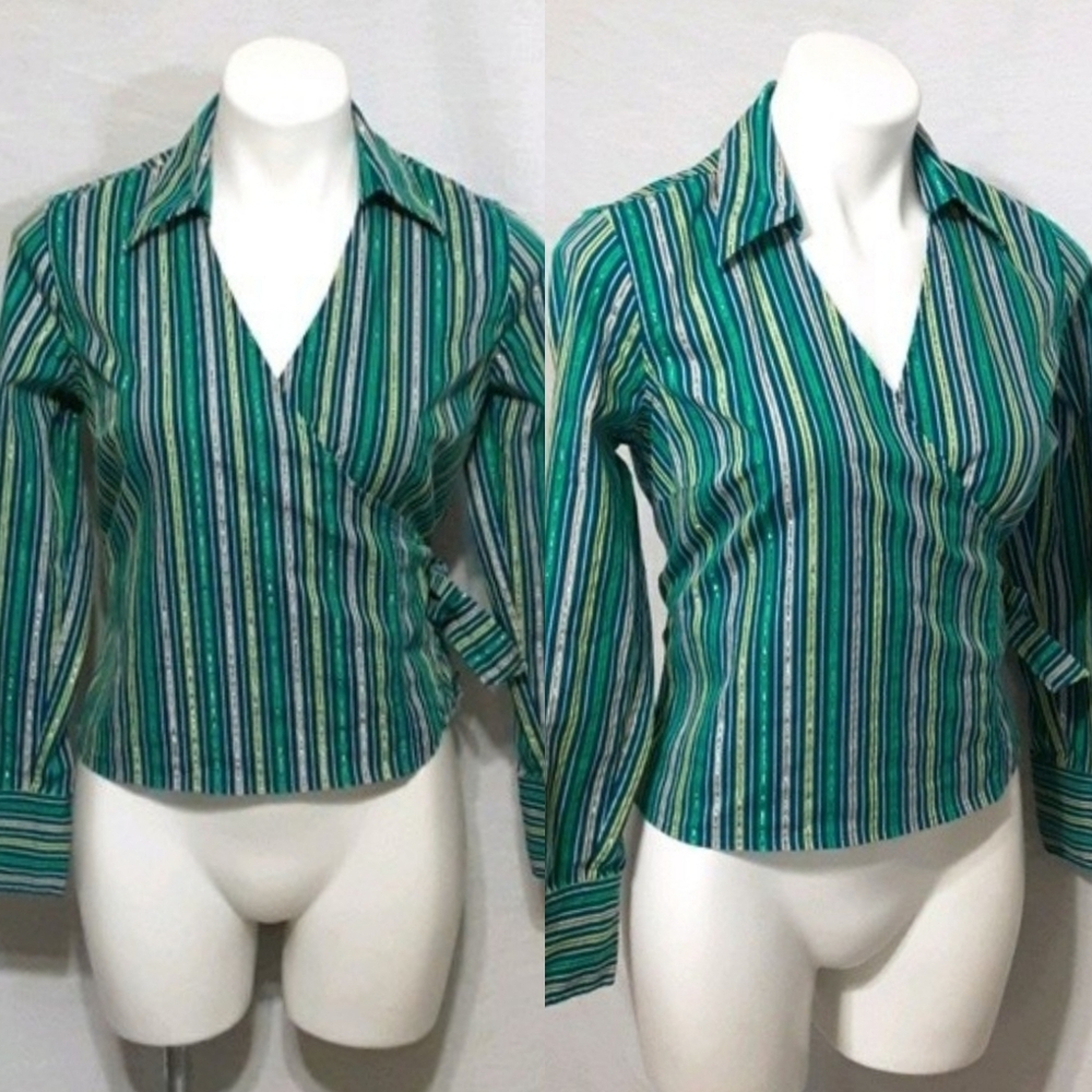 Valerie Stevens Pinstripe Wrap Top PS Metallic Accents Office Casual Work Look